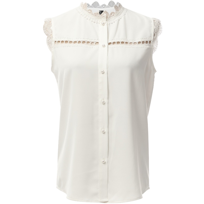 欧昵雪夏季蕾丝花边拼接立领镂空白色无袖衬衫女气质上衣