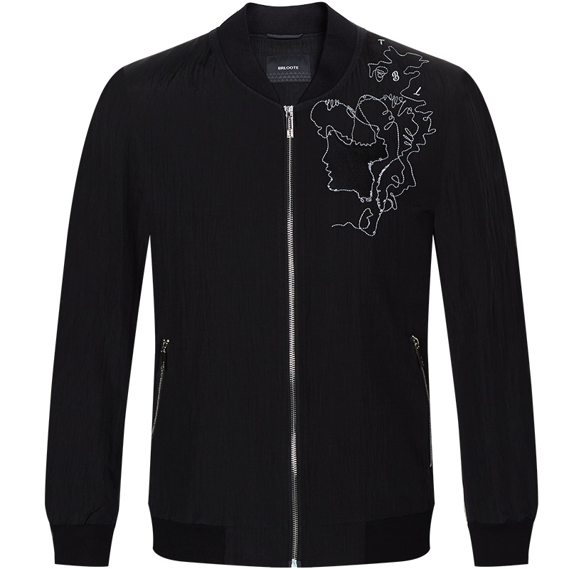 Brloote/巴鲁特男士轻薄刺绣夹克衫男修身立领时尚休闲外套春装 黑色