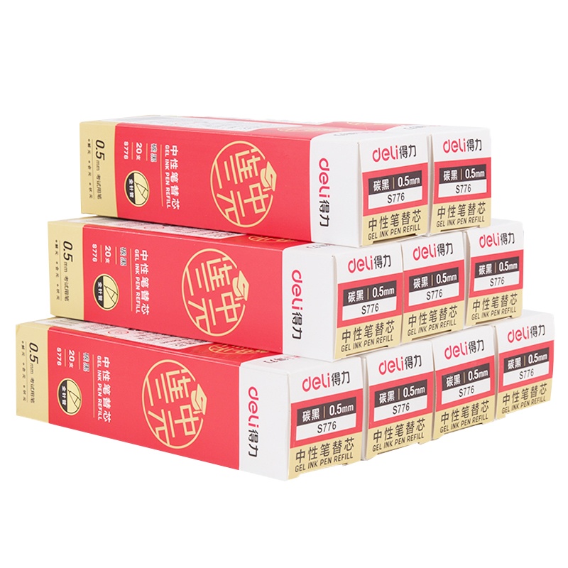 得力(deli)S777/S776黑色连中三元中性笔芯 0.5mm黑色全针管笔芯签字笔笔芯20支/盒