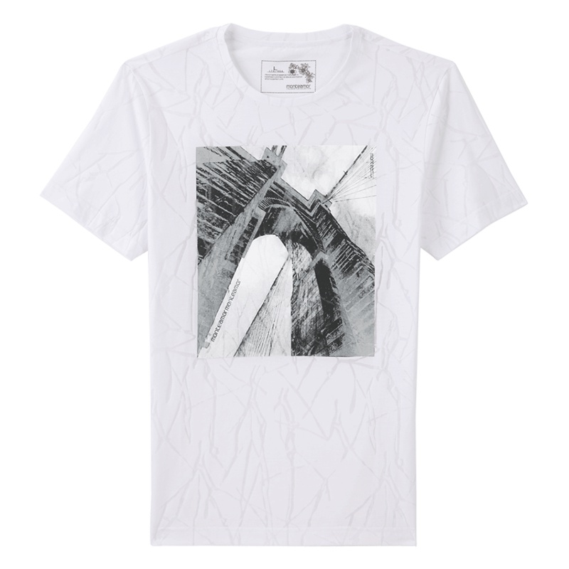 蒙蒂埃莫建筑光影图案印花时尚烧花圆领短袖修身版T恤