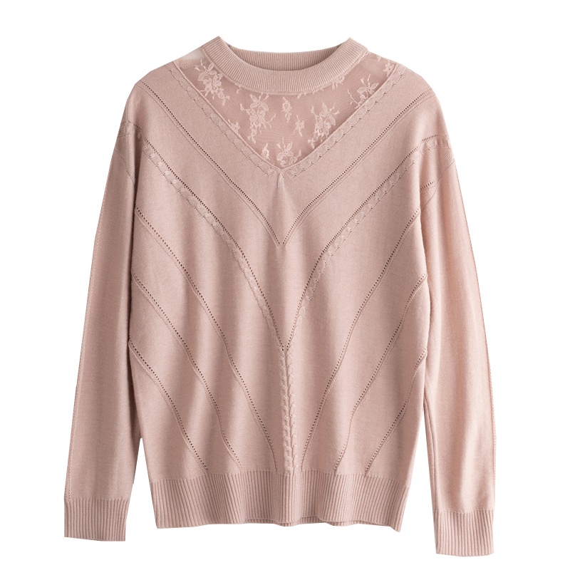 恒源祥女士羊毛针织衫秋季薄款拼接针织衫女套头宽松百搭打底上衣