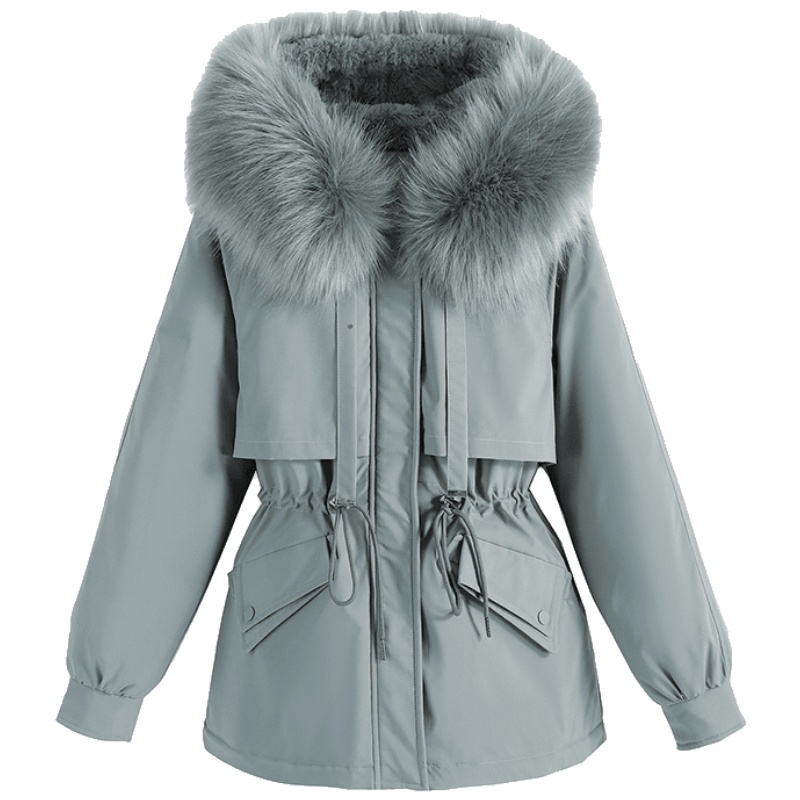 2024冬装新款棉服女短款加绒皮草派克服小个子收腰棉衣大毛领外套