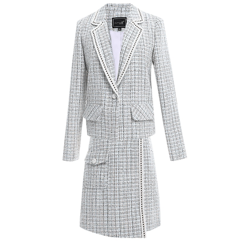 欧昵雪西装领粗纺格子短外套女高腰包臀半身裙两件套