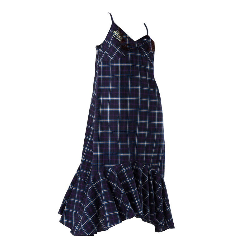 PaulFrank/大嘴猴连衣裙女新款夏季潮流吊带长裙格纹长裙子 蓝色 S