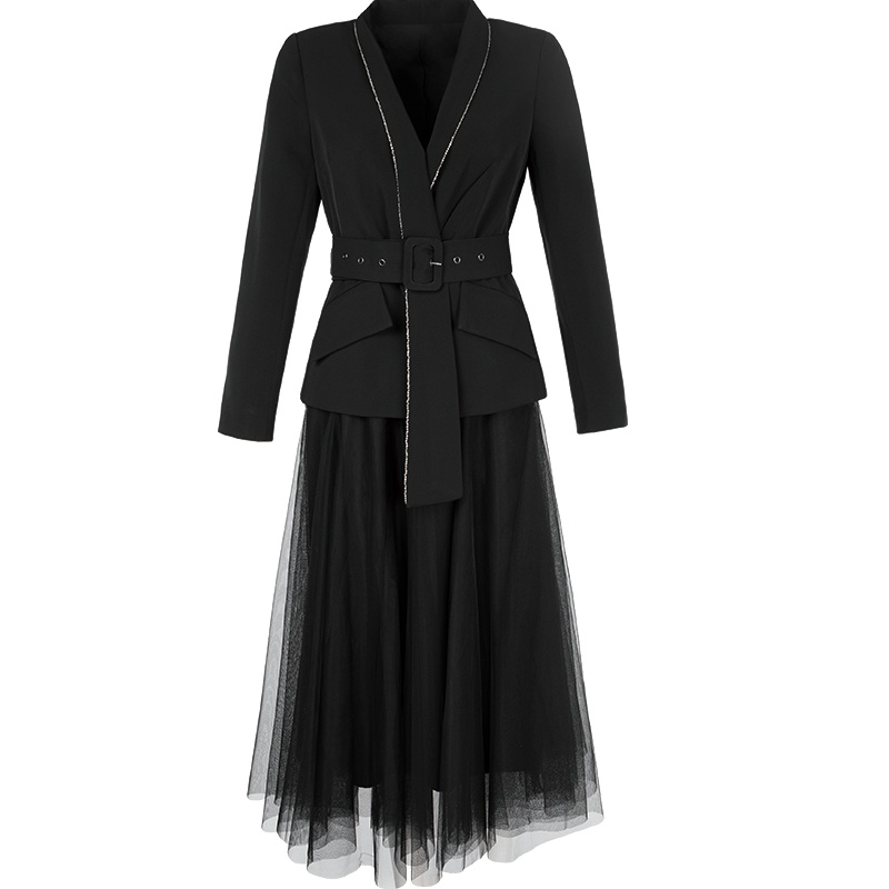 晚白2021春季新品纯色两件套修身西装外套纱纱裙半裙时尚套装女