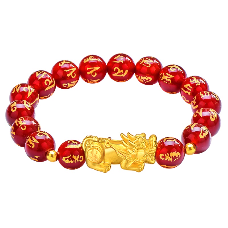 蒂蔻 貔貅黄金手链女士款3D硬金红玛瑙六字箴言路路通手串生日送礼