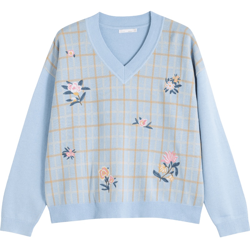 茵曼2019秋季新款文艺绣花落肩袖v领毛衣女宽松套头格子针织上衣