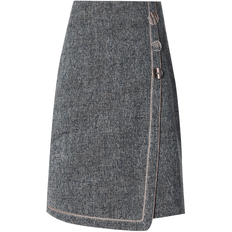 欧昵雪秋冬高腰中长款呢子包臀一步裙女不规则毛呢半身裙