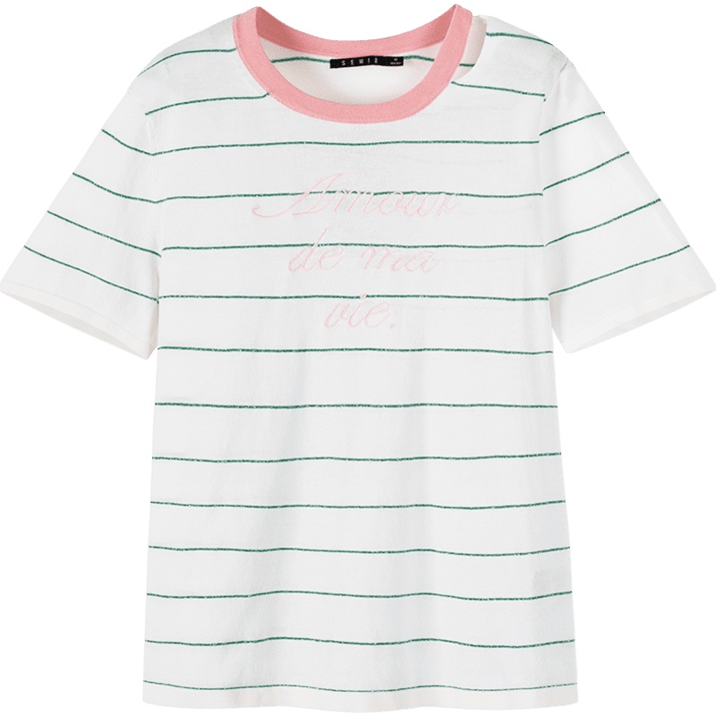 【满198减100预估价：33】森马夏条纹T恤短袖套头针织衫撞色打底衫女内搭T恤女上衣