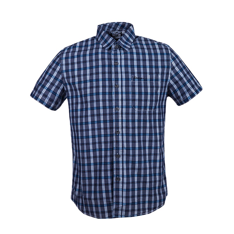 圣弗莱/sevlae夏季男式水洗格子牛仔衬衫纯棉舒适透气翻领子短袖上衣9422947725