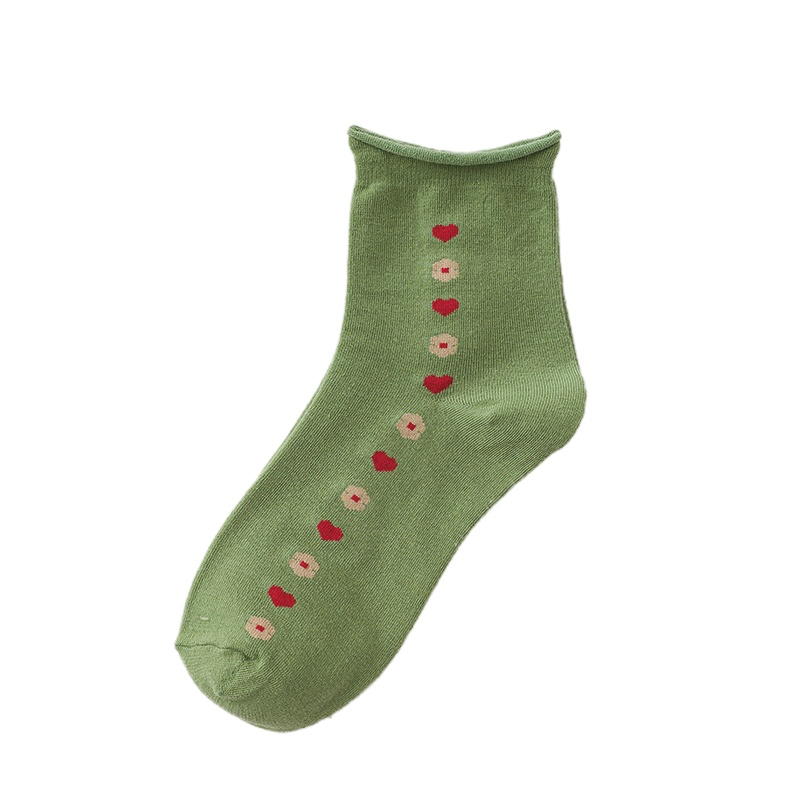 苏宁宜品[五双装]韩系可爱甜美简约爱心卷边黑白中筒袜子女日系学院风学生纯棉短袜