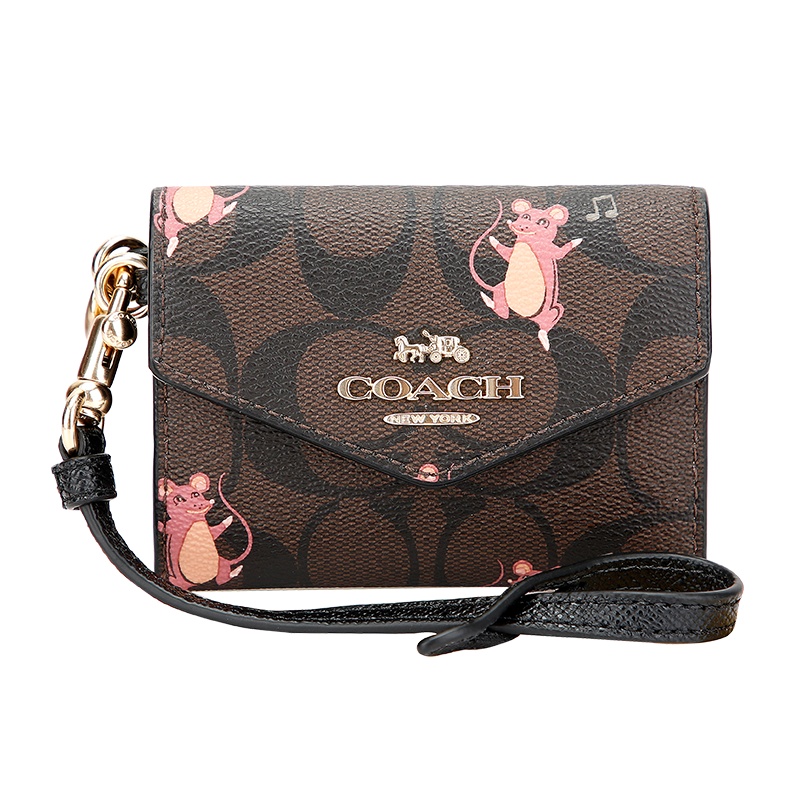 COACH 蔻驰 奢侈品 女士动物派对系列深咖图案款人造革短款卡包化妆镜 F79923 IMPH5