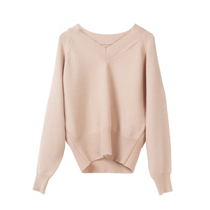 晩白 新品百搭简约优雅纯色V领常规款长袖毛衣针织衫上衣
