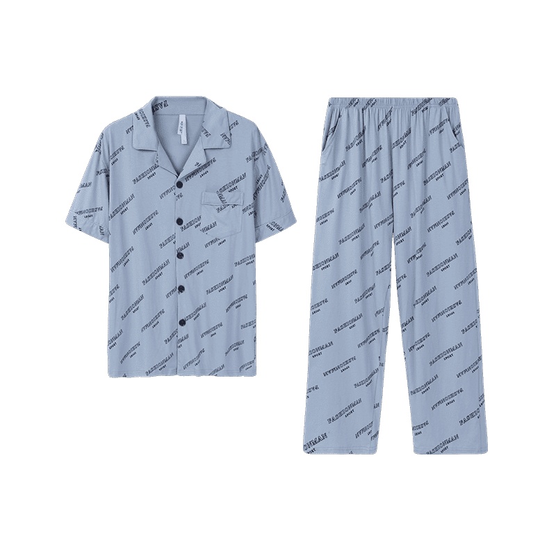 冰瓷棉印英文国民领短袖男套装