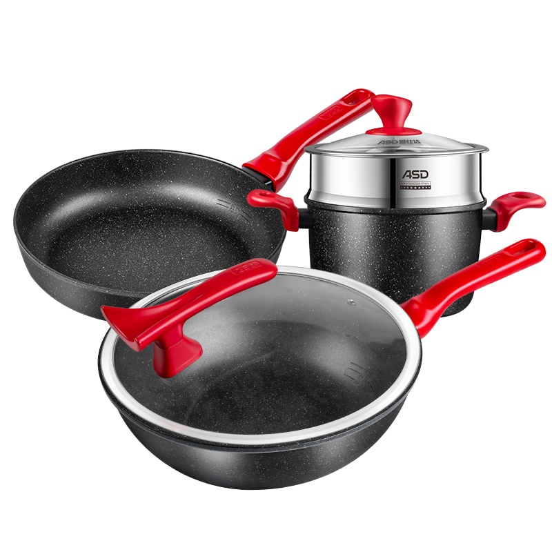 爱仕达(ASD)套装锅 麦饭石家用三件套不粘锅晶石套锅炒锅煎锅汤锅配304不锈钢蒸格PL03S3WG