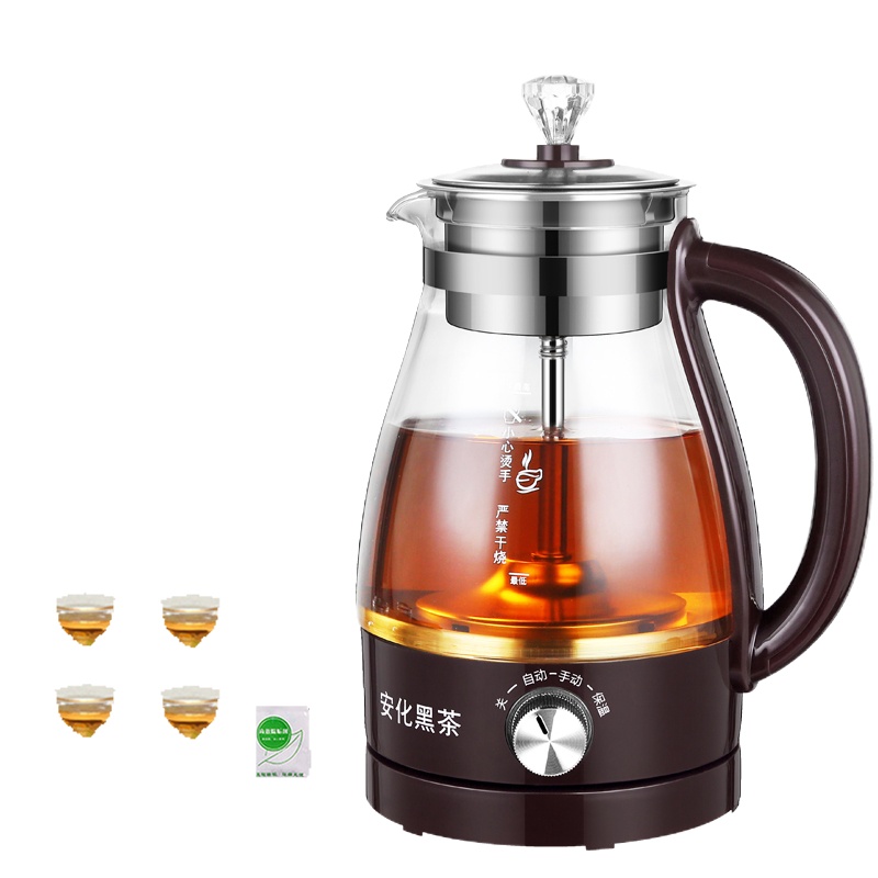办公室黑茶煮茶器黄金蛋玻璃全自动蒸茶壶保温普洱花茶养生蒸汽电煮茶壶 03A旋钮款咖啡色送4个小杯子送除垢剂和茶刀