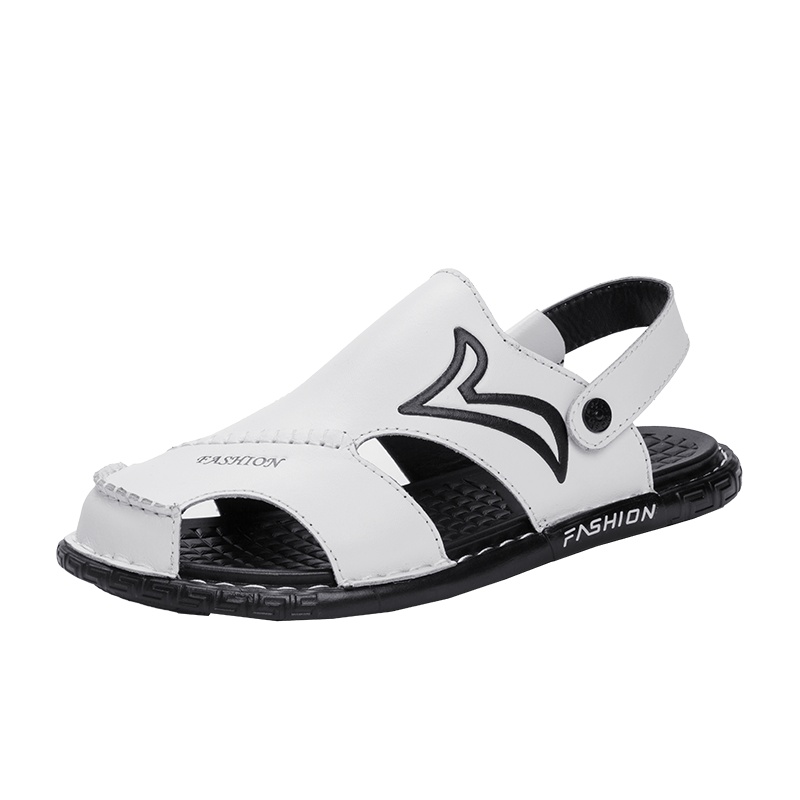 公牛世家包脚趾皮质开车白色凉鞋男出门旅行度假中年男人黑色罗马真皮凉拖 GNF001