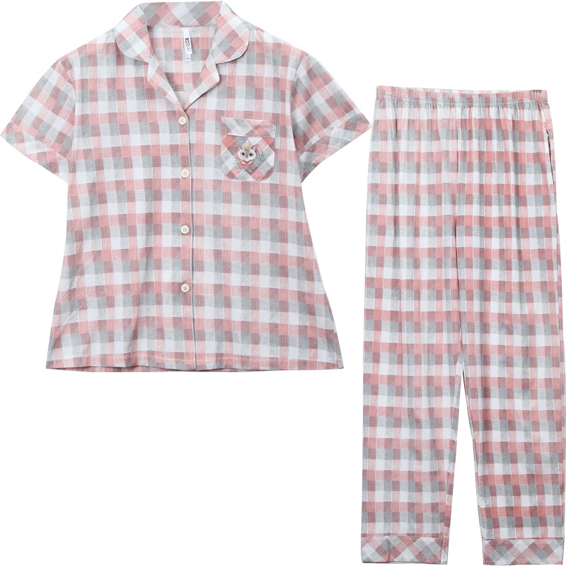 红豆居家21年夏季新款情侣款男士女士纯棉睡衣男式女式卡通刺绣清爽格纹休闲风短袖家居服套装可外穿