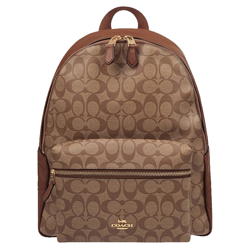 蔻驰(COACH)女士CHARLIE经典帆布双肩包 卡其色配棕色