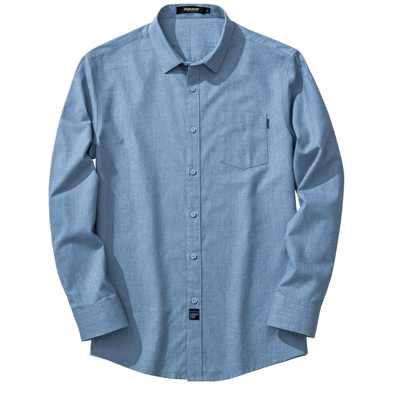 千纸鹤修身长袖衬衫男2019秋季青年男士休闲寸衫纯色格子衬衣潮10121