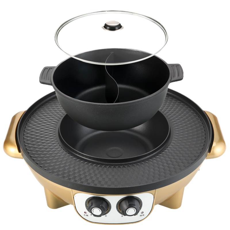 火锅烧烤一体锅家用多功能可分离烤涮大容量烤肉鸳鸯锅涮烤一体锅 鸳鸯锅/圆锅[金色]送礼品(火锅可分离)42cm