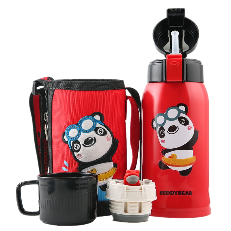 3D踏浪熊猫款杯具熊BEDDYBEAR儿童保温杯带吸管儿童水杯316不锈钢宝宝儿童保温壶600ml