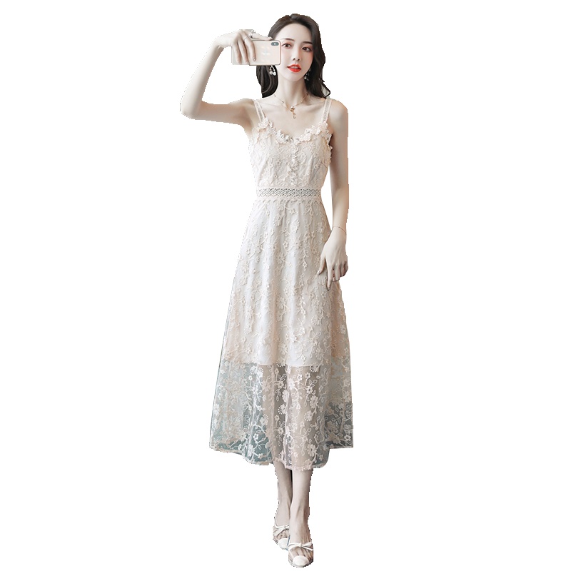 丝柏舍夏装2020款女气质吊带网纱钩花中长款连衣裙S92R0320L