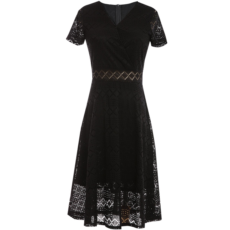 欧昵雪夏季气质V领收腰菱格镂空蕾丝连衣裙女短袖a字裙