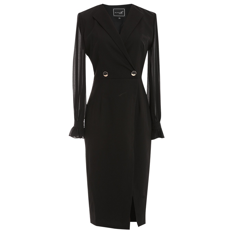 欧昵雪V领拼接雪纺长袖收腰连衣裙女蕾丝开叉一步裙