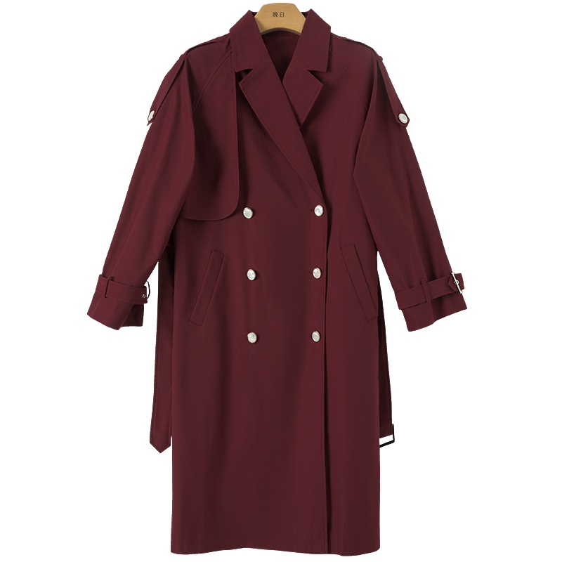 晚白2021春季新品简约纯色翻领长袖修身系腰带通勤长风衣外套女