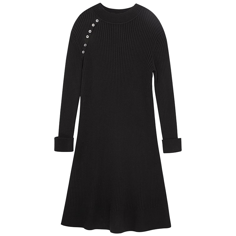 伊布都ibudu2020冬季新款气质纯色针织连衣裙荷叶边针织长裙女