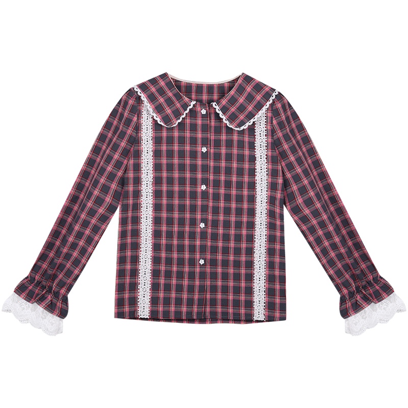 法风娃娃领上衣薄款衬衣女2019新款外穿格子衫设计感小众衬衫夏季