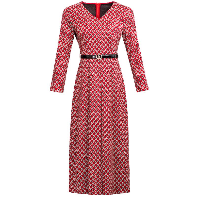 红色碎花复古连衣裙女2021秋季新款高级感V领长袖修身大摆裙