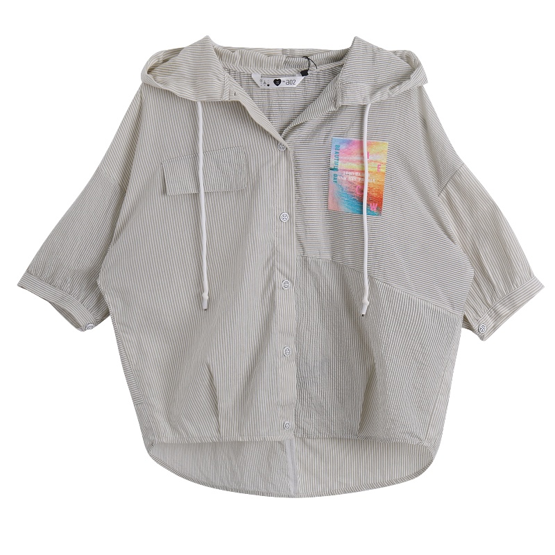 a02新款2020复古港味连帽抽绳条纹拼接衬衫女D1U5A0511BL