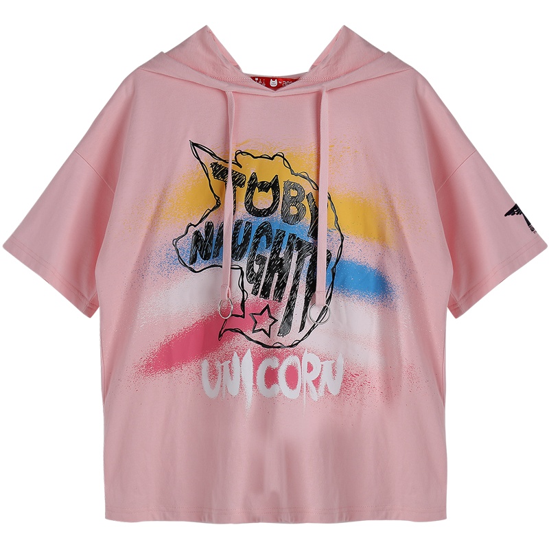 a02商场同款甜美少女连帽抽绳印花短袖T恤女D1U0C0031KT