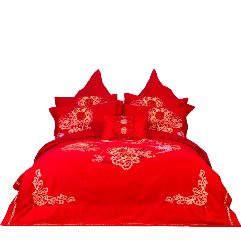 吉祥三宝婚庆提花绣花四件套爱在一起 1.8m床 红色 全棉四件套 其他