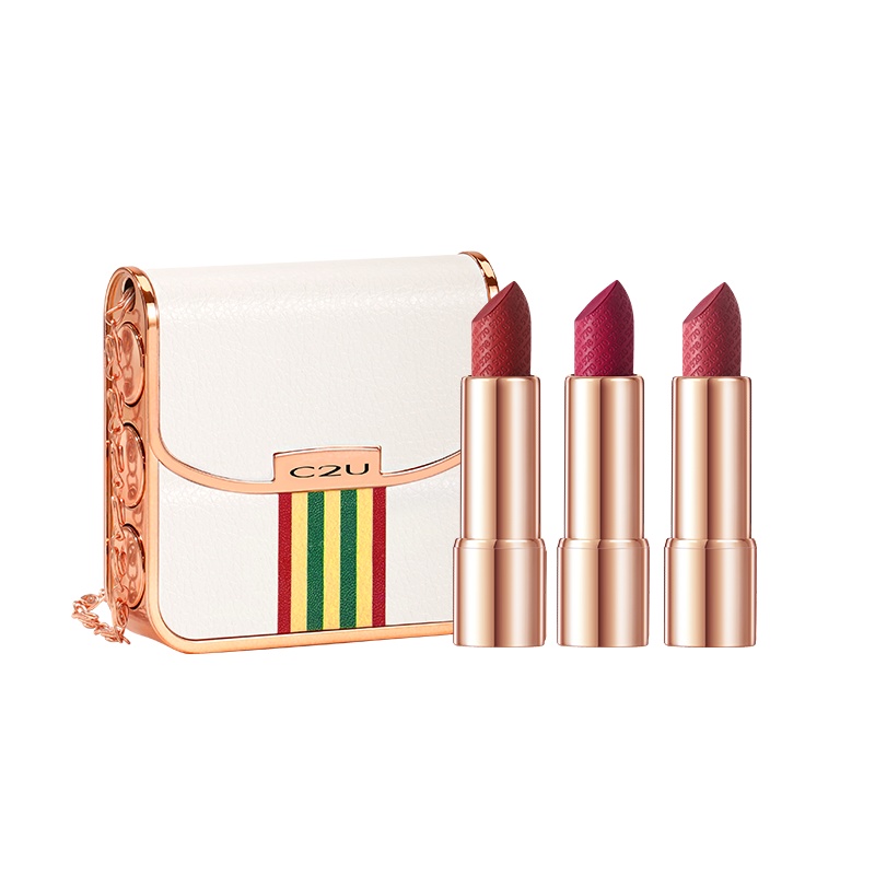 C2U挚爱奢宠三色包包口红显色饱满淡化唇纹ins风锁色三支装
