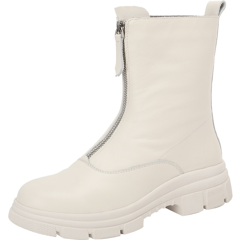 百田森前拉链马丁靴女潮ins冬季新款圆头平跟牛皮高帮靴子女