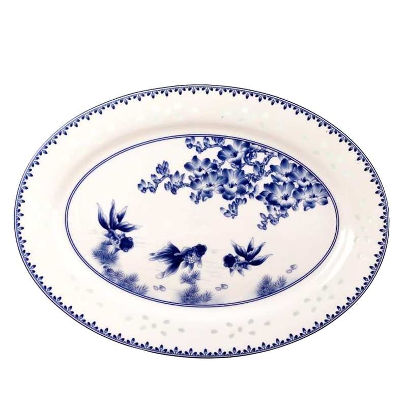 LICHEN 景德镇陶瓷大鱼盘青花玲珑瓷器釉中彩中式菜盘金玉满堂餐具12英寸优品
