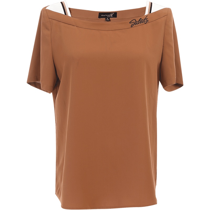 欧昵雪夏季撞色一字领显瘦字母绣花短袖T恤女套头上衣