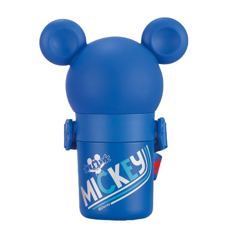 迪士尼男女宝宝儿童316L不锈钢保温外出携带配背带吸管杯学生不锈钢水杯幼儿园宝宝防摔公仔杯套水壶-蓝色米奇大耳朵吸管水壶