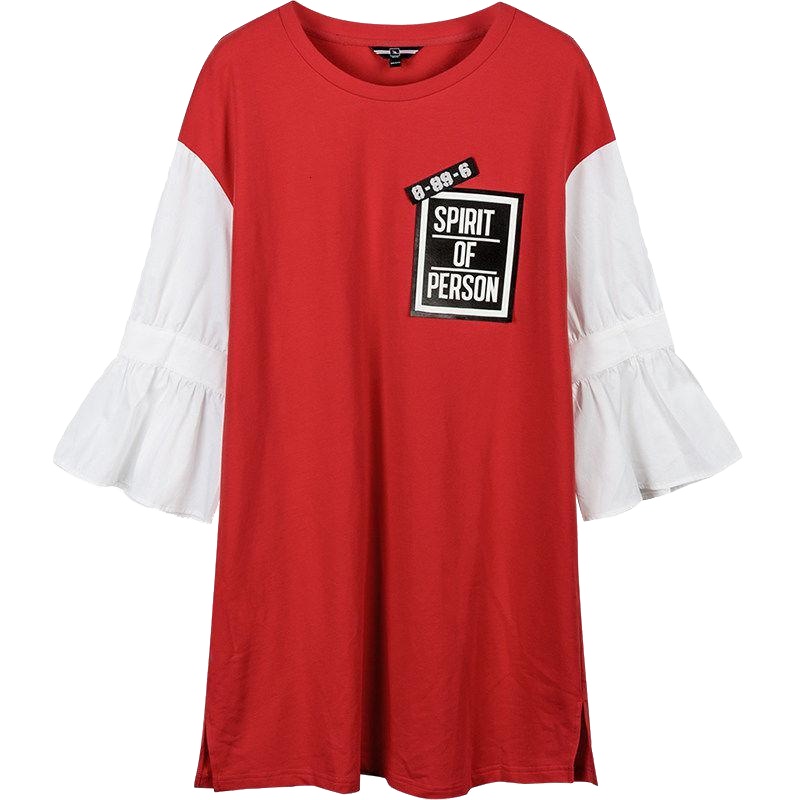 7M莫丽菲尔秋季新款韩版甜美印花宽松显瘦荷叶袖红色中长连衣裙女70008643