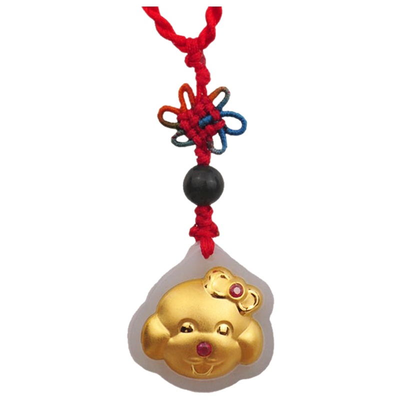 梦克拉 Mkela 3D硬金足金和田玉吊坠金镶玉挂坠狗狗项坠生肖狗挂饰 蝴蝶结公主 白底种 其他国内证书 玉石吊坠