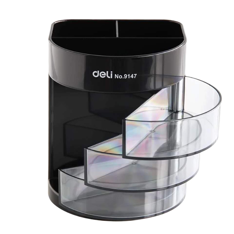 得力三层透明小抽屉多功能笔筒(黑/灰/PVC) 9147