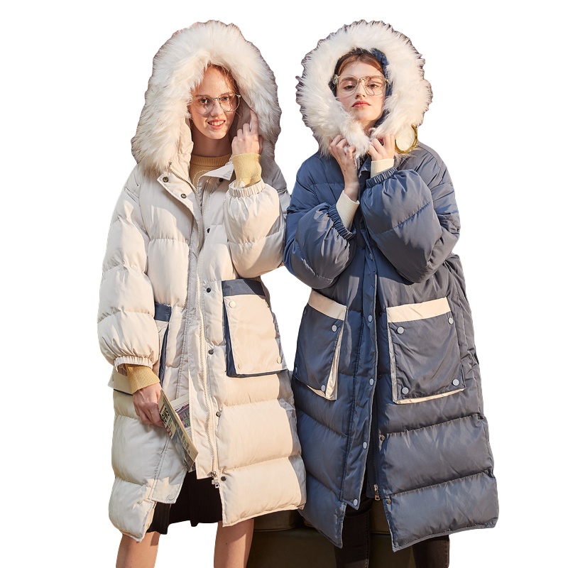 [直降价471元]唐狮冬新款羽绒服女中长款毛领连帽拼接撞色韩版学生in潮流