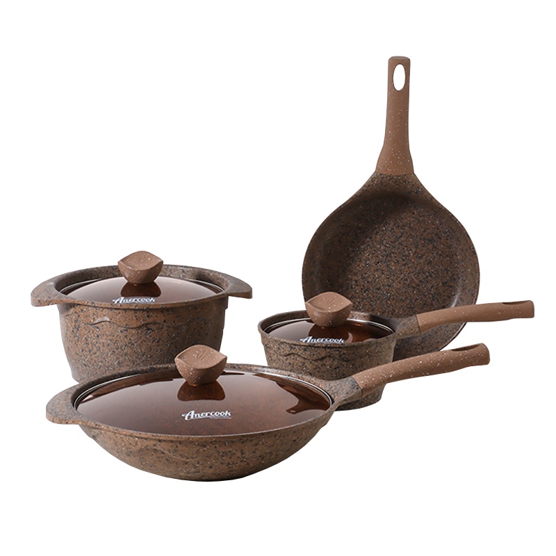 AMERCOOK阿尔菲塔麦饭石炒锅不粘锅奶锅煎锅汤锅4件套锅平底锅 家用煎锅炖锅炒锅火锅煲汤锅 明火电磁炉通用 咖啡色