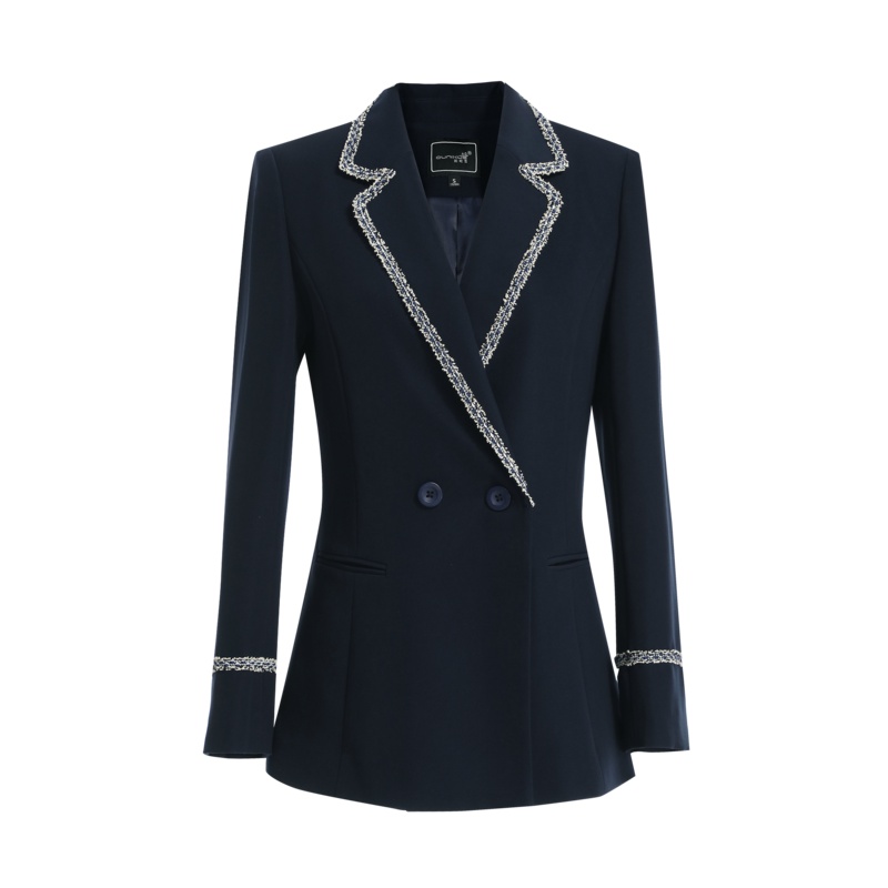 欧昵雪双排扣毛边修身西装外套女中长款小西服