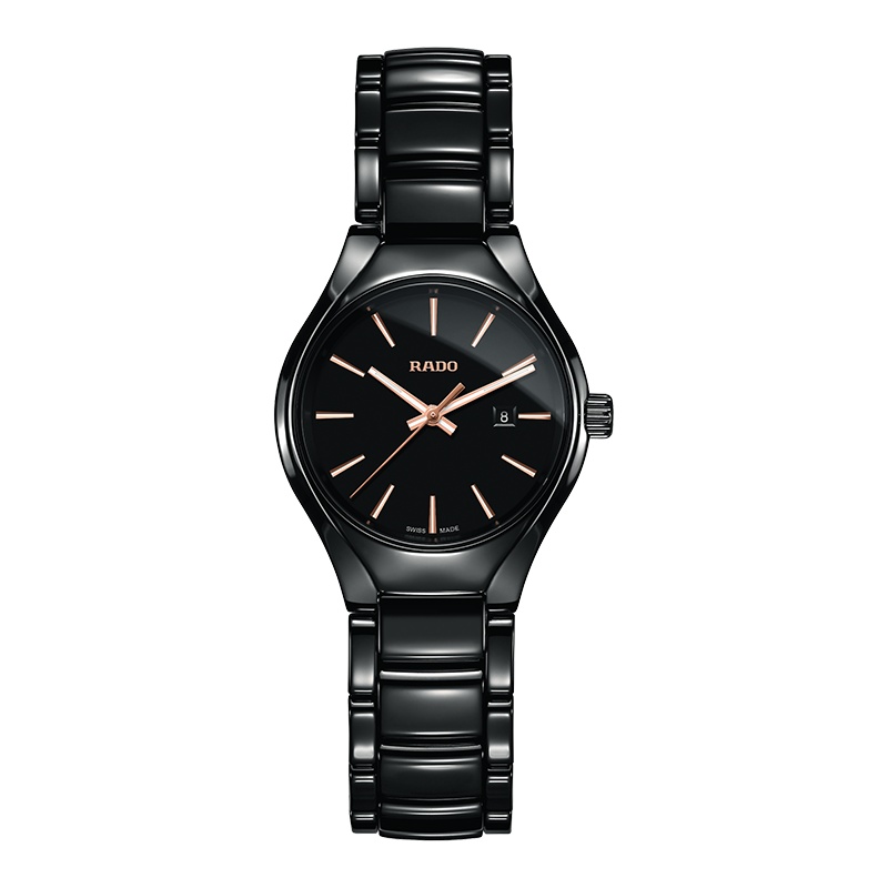 雷达(RADO)瑞士手表 真系列 时尚秀气石英女表 30mm黑盘陶瓷表带 R27059162