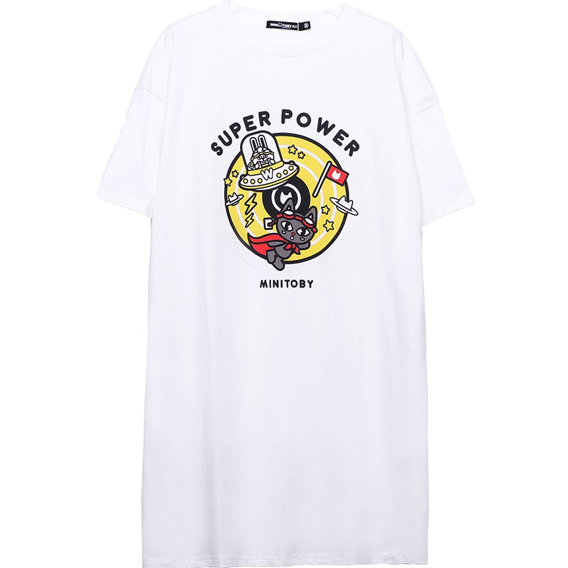 a02新款简约萌趣小黑印花宽松大码长款T恤裙女DTU1B0601DR