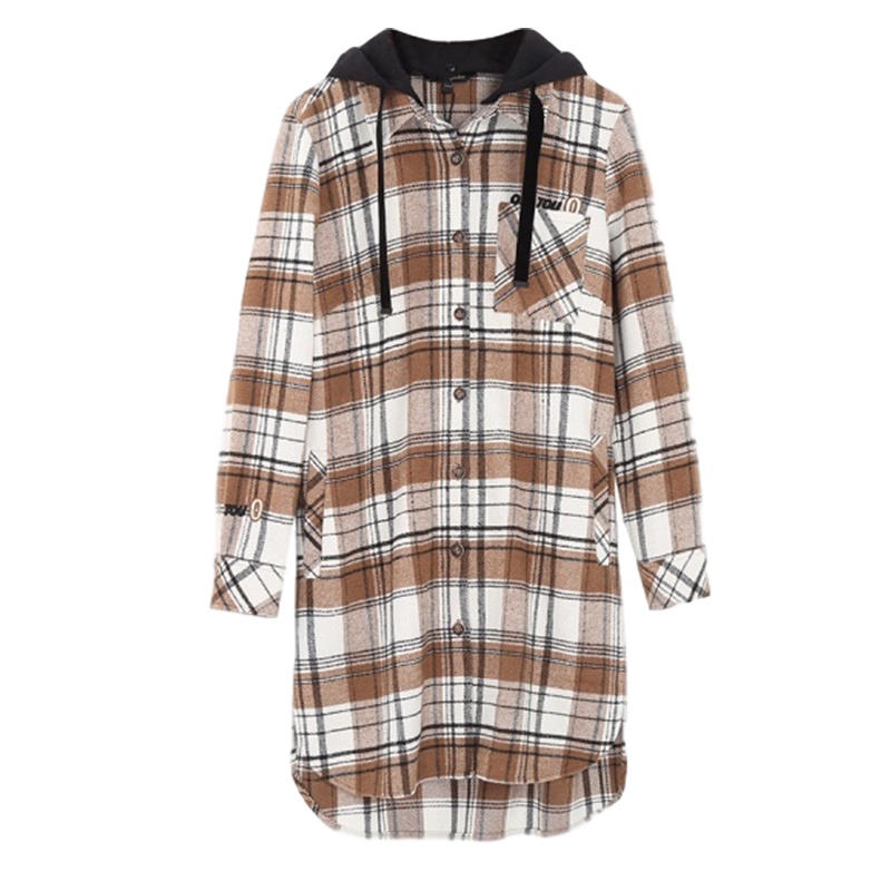 拉夏贝尔格子衬衣中长款女士秋冬季时尚连帽上衣衬衫外套潮
